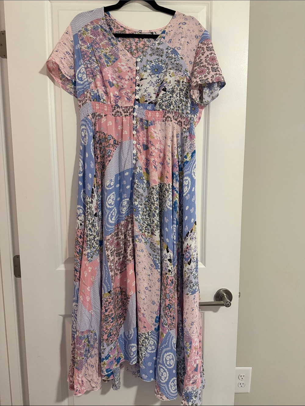 Rusty Pink and Blue Patchwork Maxi Dress